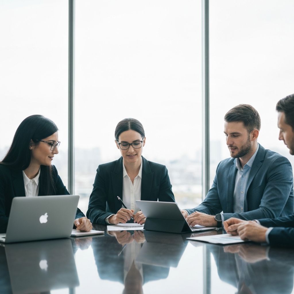 Equipo de consultores profesionales en ambiente de oficina moderna preparados para reuniones de consultoría