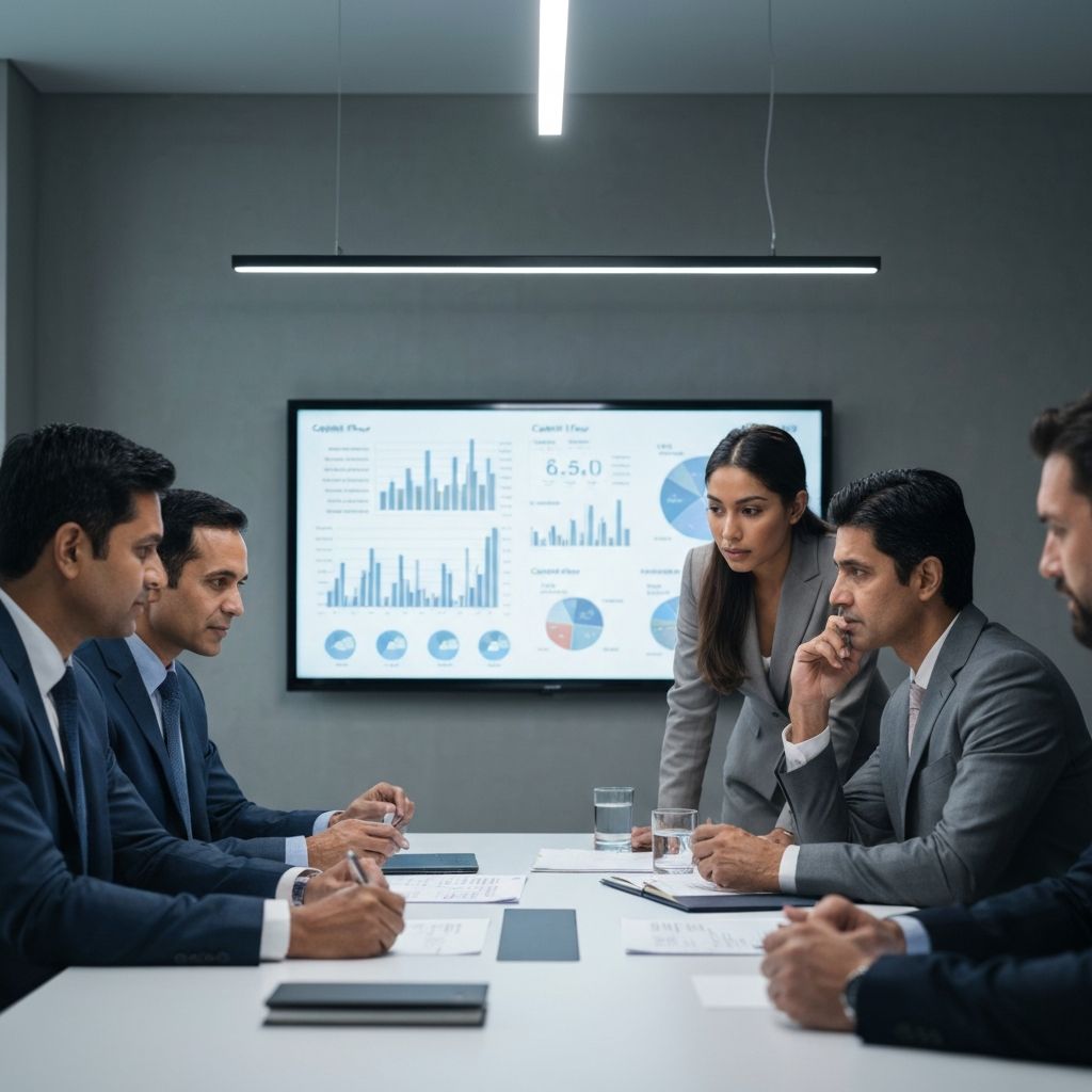 Ejecutivos de manufactura industrial en sala de juntas analizando gráficos de márgenes empresariales y flujo de capital