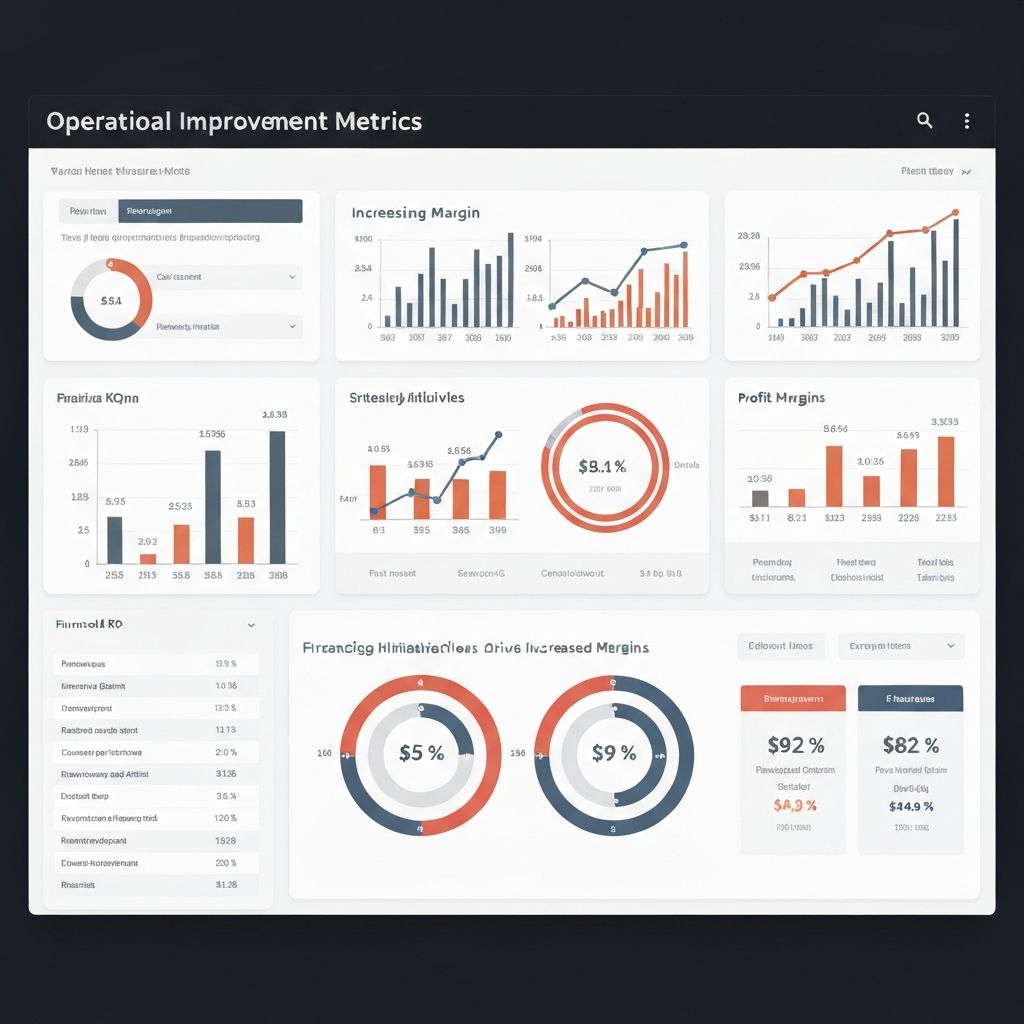Panel de análisis mostrando métricas de mejora operacional, gráficos de márgenes crecientes y dashboards de control financiero