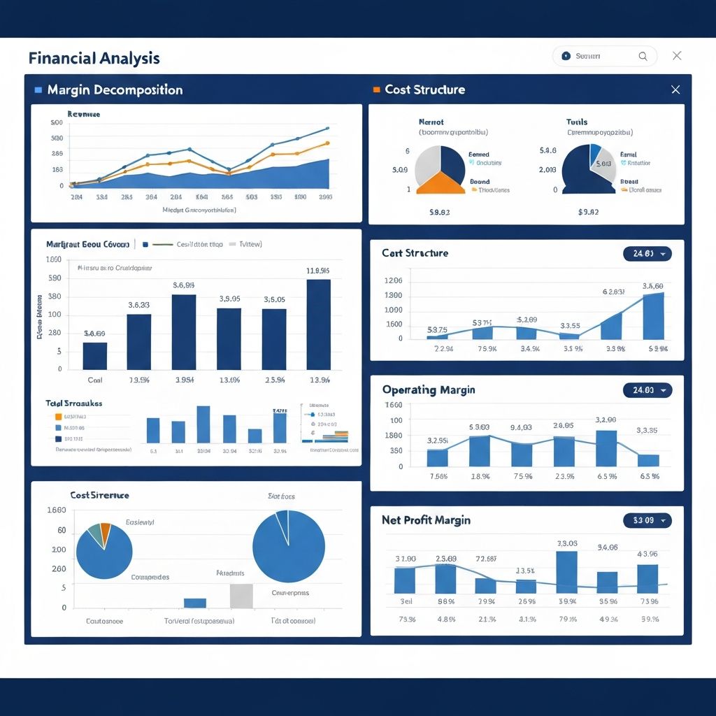 Análisis de descomposición de márgenes con gráficos de estructura de costos, drivers de rentabilidad y oportunidades de mejora operacional